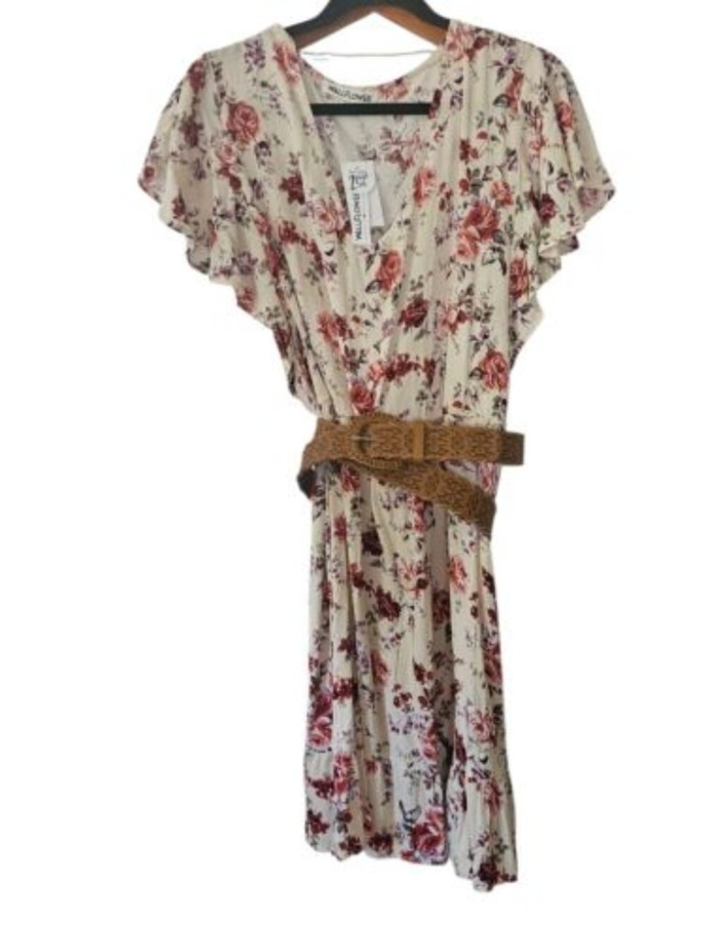 Wallflower Women's Floral Dress Cream Woven Belt V-Neck Size 2X Skater Country